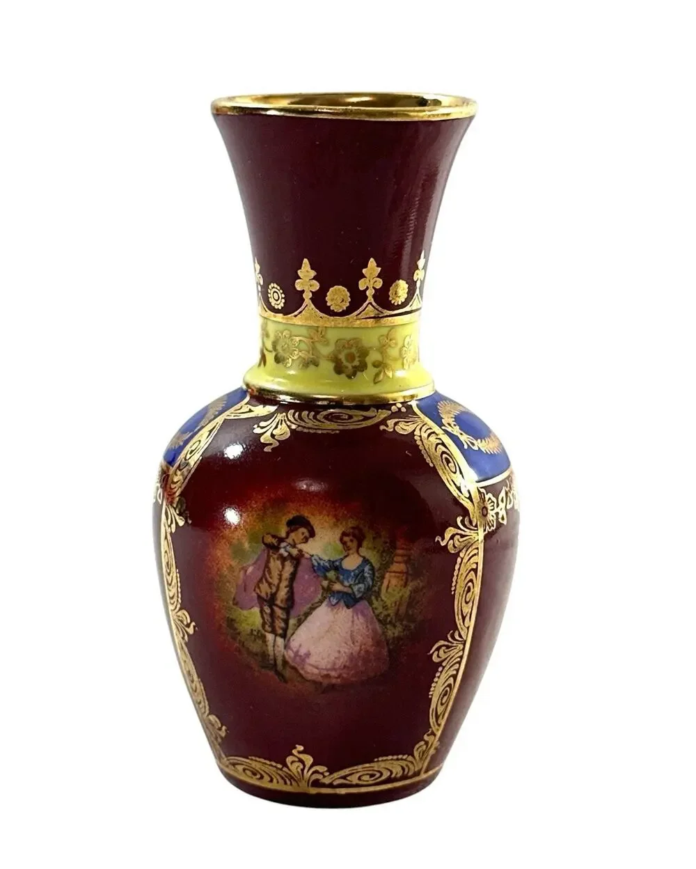 Vintage German Porcelain Mini Vase Courting Couple Gold Cobalt Burgundy 4”
